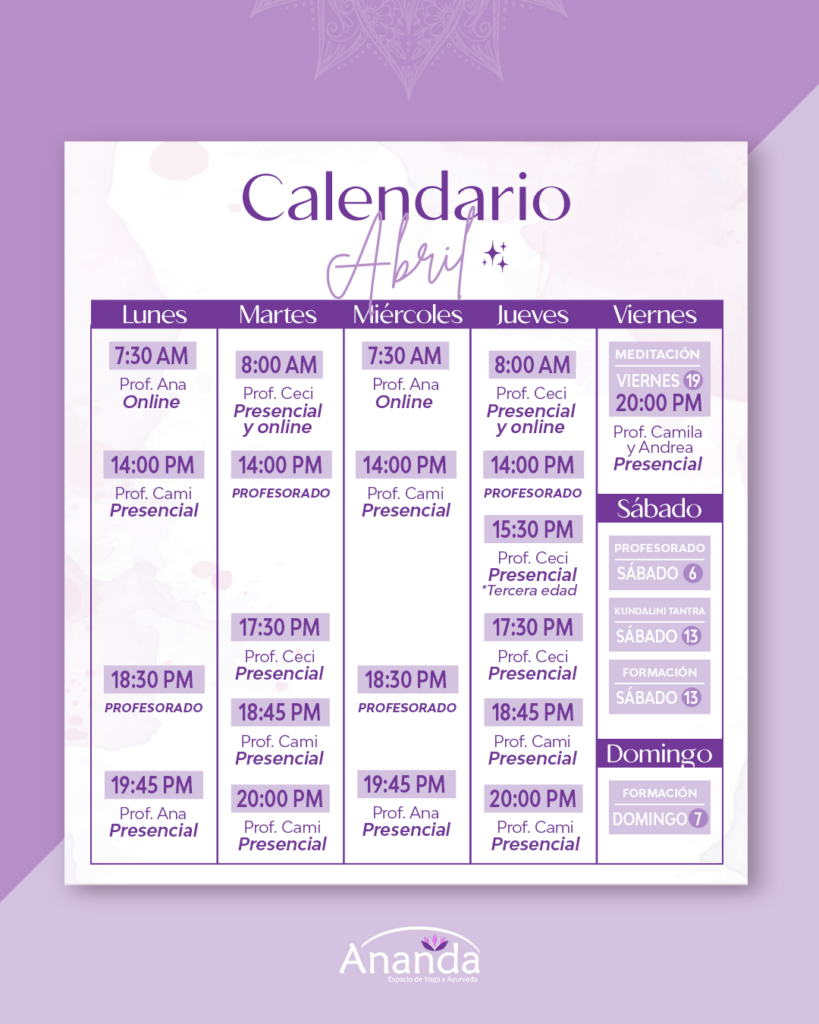 Calendario de clases del mes de Abril